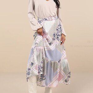 ❤️‍🔥BOGO FREE Lulu's Paisley Shimmer Blue Belted Satin Midi Skirt Boho Chic M